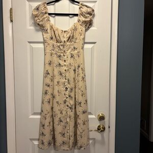 Boho Fairy Cream Floral Midi Dress with Ruffle Sleeves and Empire Waist
